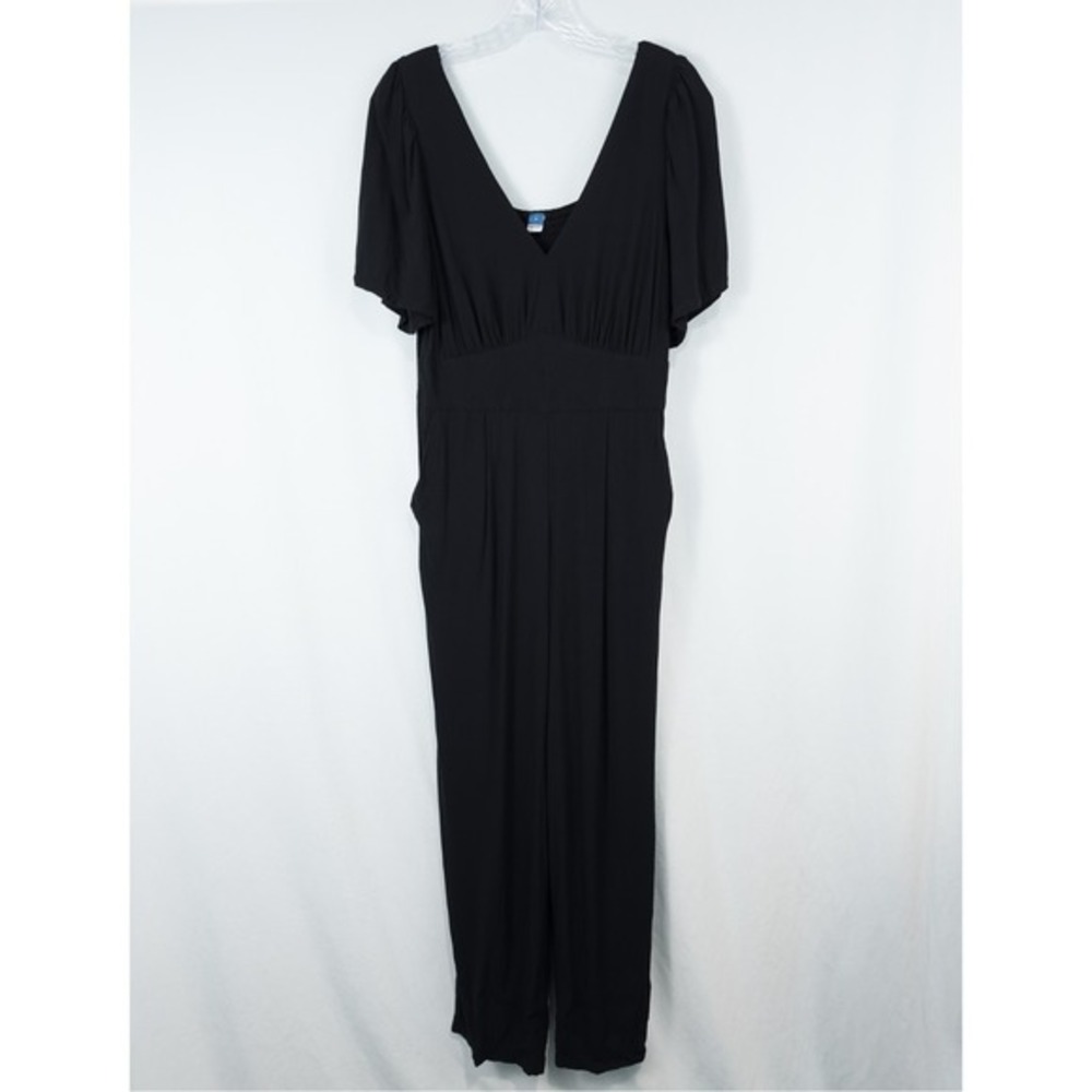 Old Navy Waist Defined Puff Sleeve Jumpsuit Medium‎ Black V Neck Smocked Pockets